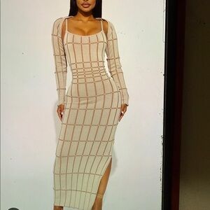 Noelle Beige Long Sleeve Grid Dress